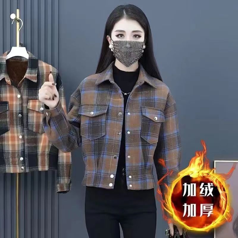 加絨加厚格子襯衣外套女2023年秋冬新款時尚洋氣減齡百搭顯瘦上衣
