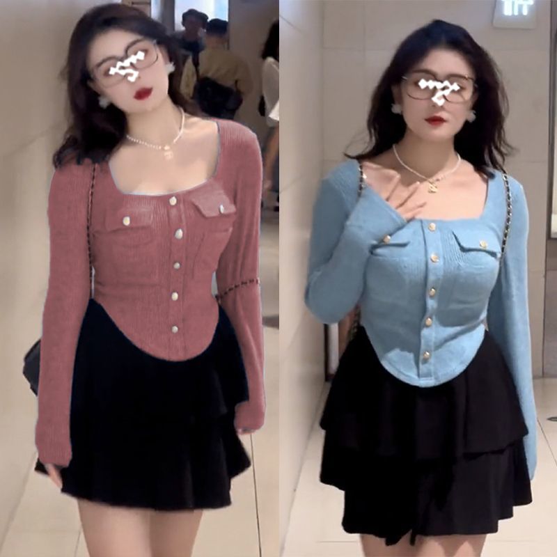 大碼微胖mm遮肚打底長袖上衣女新款秋冬小香風方領打底衫短裙套裝