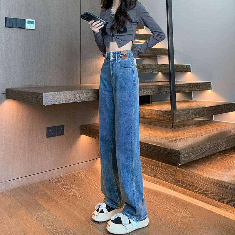 秋裝大碼復古雙扣高腰窄版直筒牛仔褲女顯瘦寬鬆垂感拖地闊腿褲潮