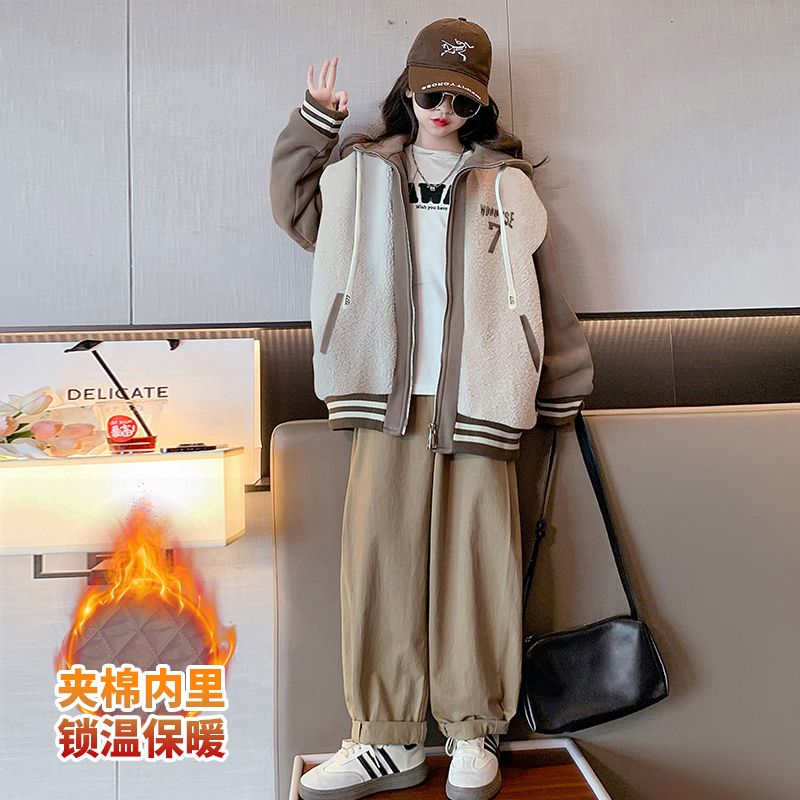 女童毛毛衣外套秋冬款2023新款女孩兒童夾棉加厚羊羔絨上衣秋冬裝