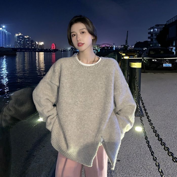 純色針織衫上衣女秋冬2023年新款休閒寬鬆開叉慵懶風軟糯女士毛衣