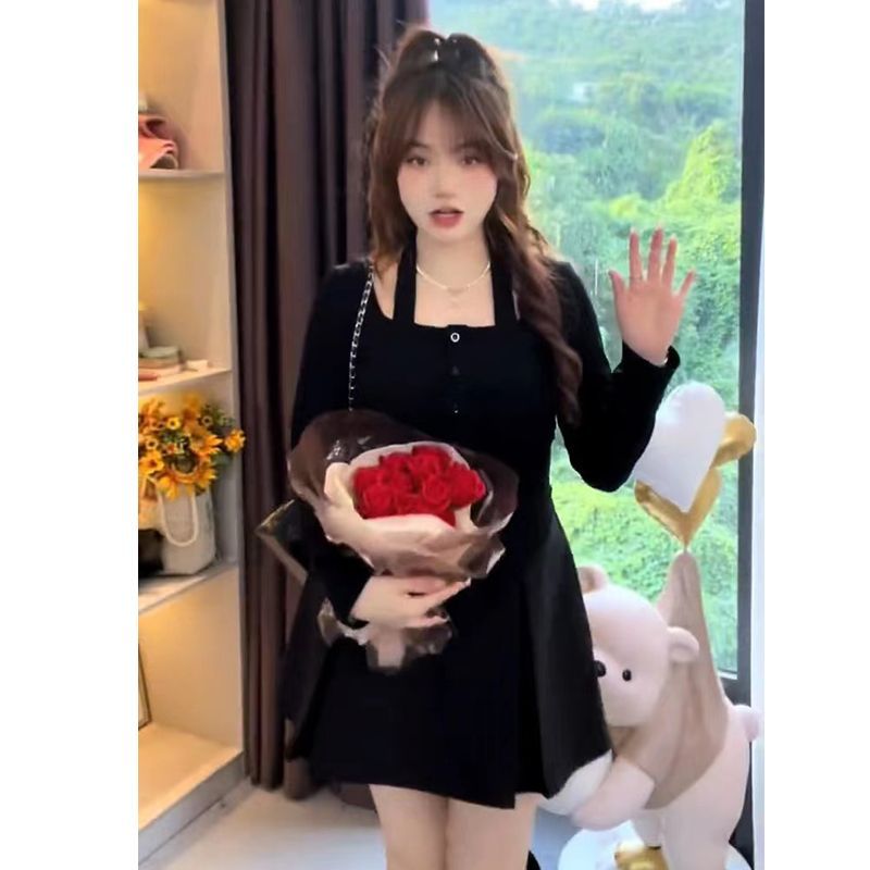 大碼女裝掛脖長袖T恤春秋季辣妹少女微胖mm收腰修身顯瘦捏褶上衣