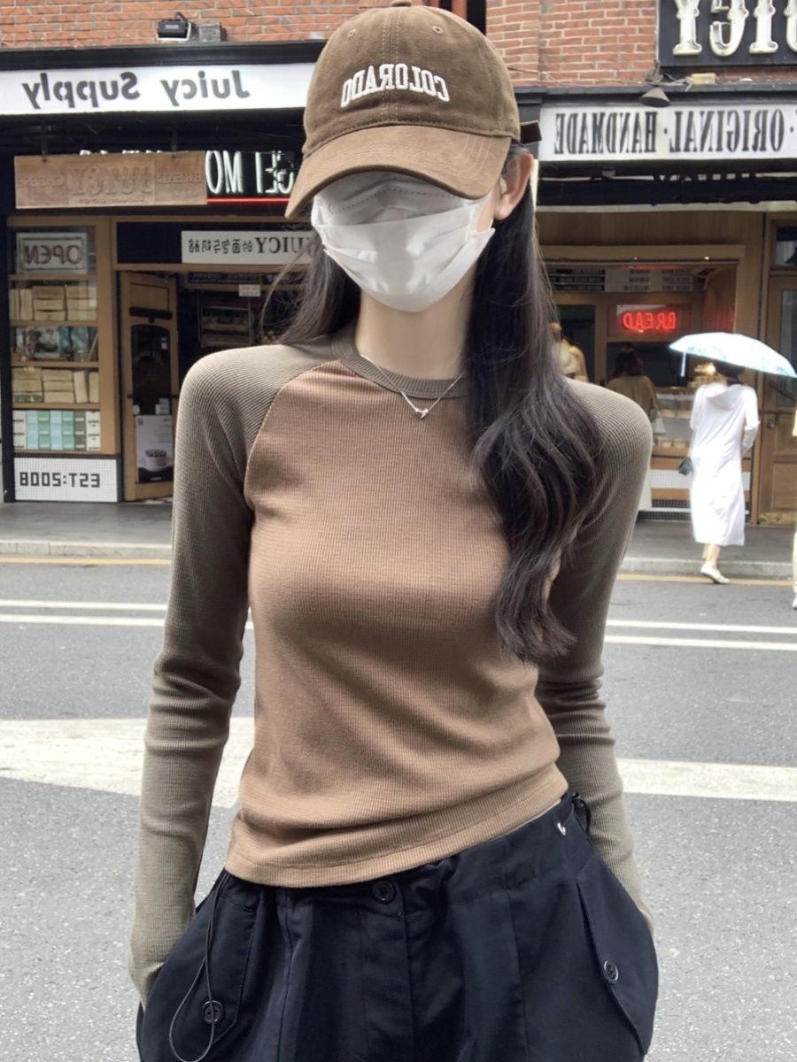 美式秋冬新款復古2023設計長袖T恤修身圓領拼接顯瘦短款打底上衣