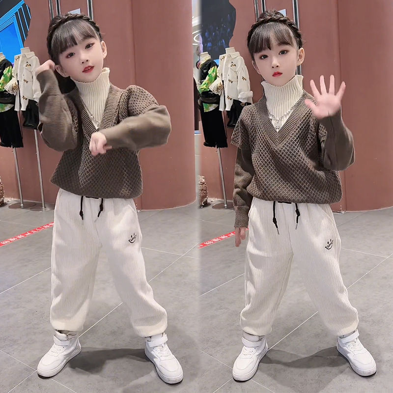 女童冬季毛衣套裝2023新款兒童洋氣休閒韓版網紅爆款秋冬兩件套潮
