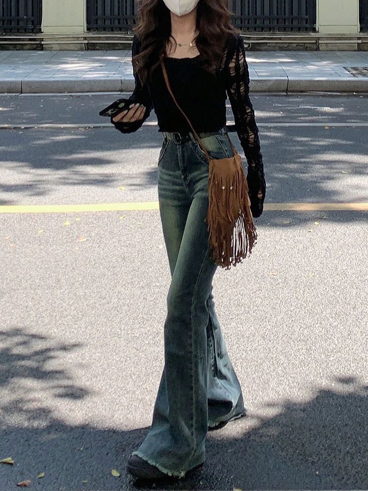 美式復古水洗高腰微喇叭牛仔褲女秋冬新款修身顯瘦彈力毛邊拖地褲