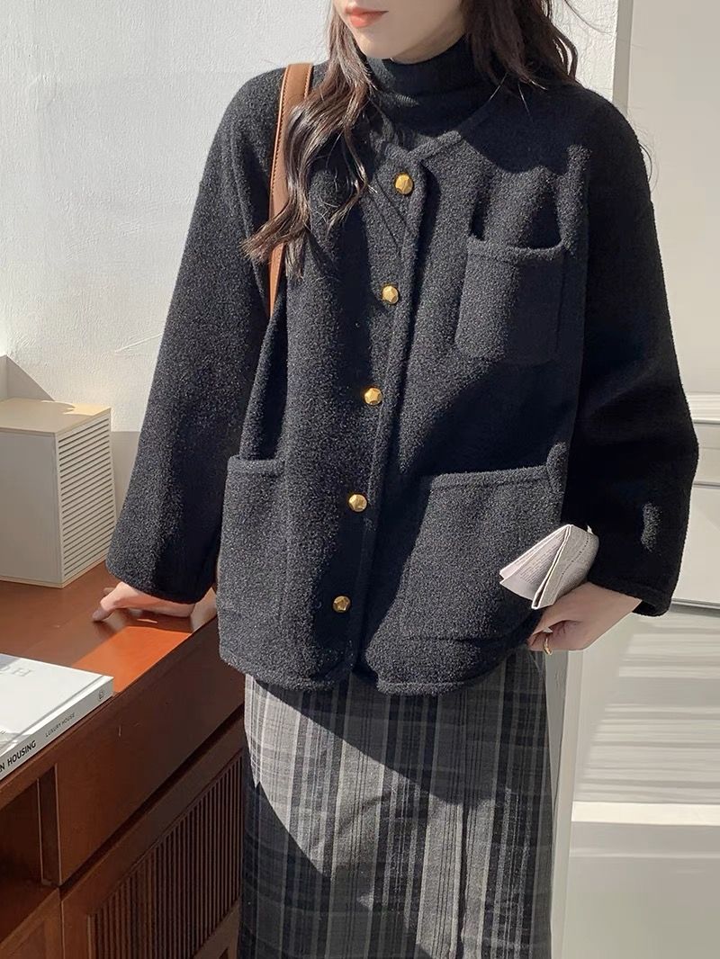 2023秋冬黑色毛衣針織開衫寬鬆慵懶風雙面呢小香風外套女