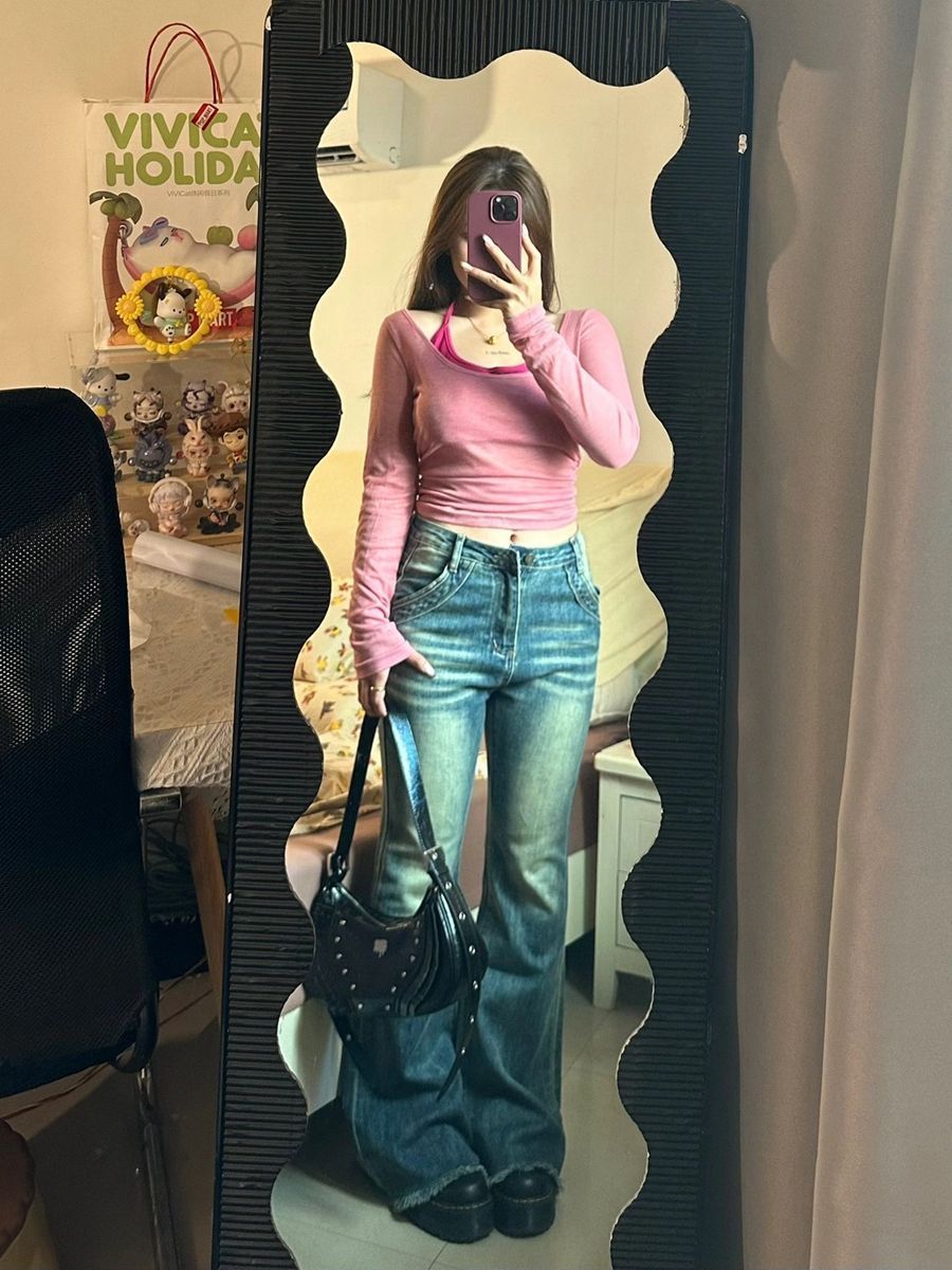 復古高腰毛邊微喇牛仔褲女韓版做舊修身彈力韓系顯瘦遮肉拖地長褲