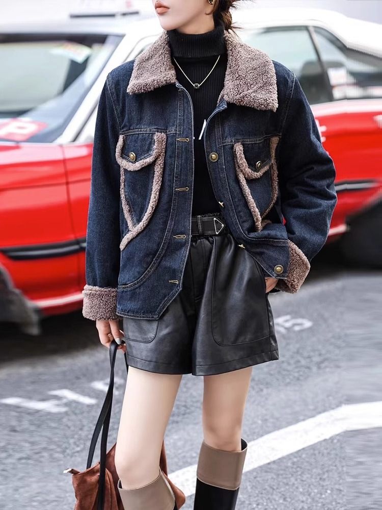Lapel lambswool denim jacket for women European station 2023 autumn and winter loose thickened velvet overcoat cotton top
