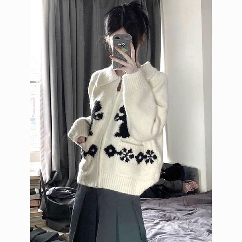 兔子提花翻領拉鏈毛衣外套女秋冬日系復古慵懶風撞色軟糯針織開衫