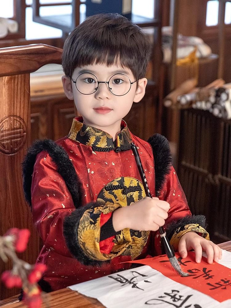 中國風兒童唐裝冬季拜年服加絨套裝漢服男童冬季男孩過年喜慶衣服