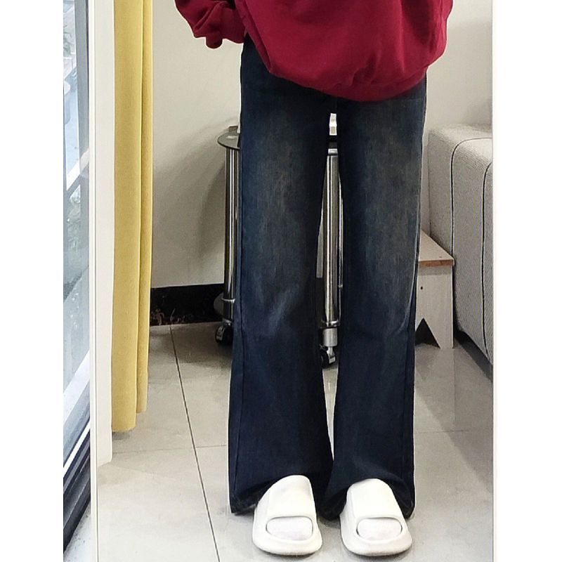微喇叭加絨牛仔褲女秋冬復古高腰直筒修身顯瘦港味復古拖地褲ins