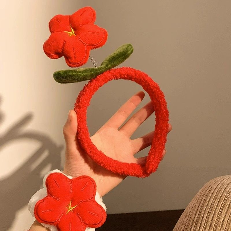 New Year's Rich Cute Red Plush Flower Headband Women's Zodiac Year Get Rich Face Wash Hairpin Headband Headband