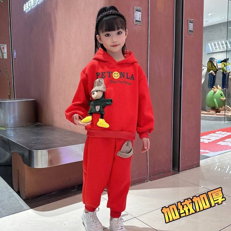 Girls' fleece sweatshirt autumn and winter suit  new winter medium and large children and girls casual thickened three-piece set