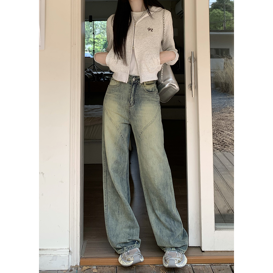 高個子美拉德牛加長版仔褲女秋冬新款高腰顯瘦寬鬆百搭直筒闊腿褲