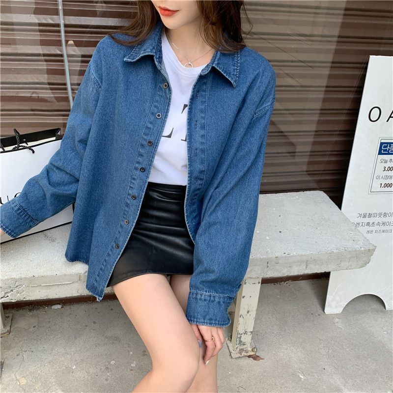 JSWETR春秋韓版疊穿牛仔襯衫外套女大碼胖mm洋氣寬鬆內搭長袖上衣