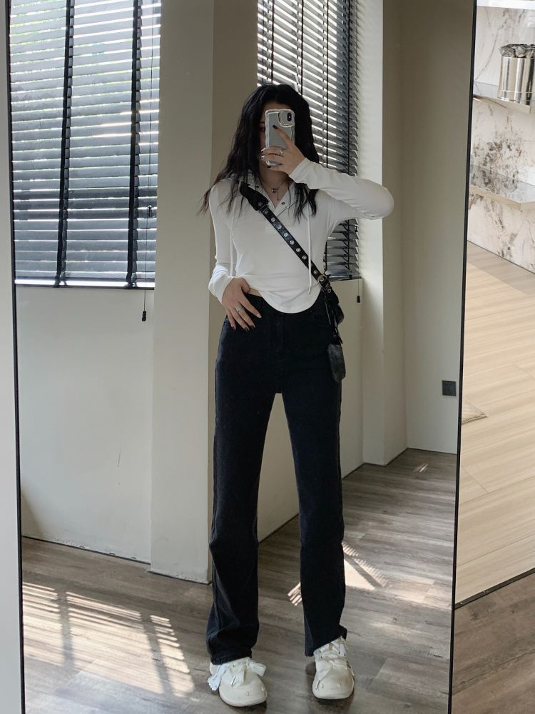 黑色窄版直筒牛仔褲女高腰修身彈力顯瘦顯高百搭加長煙管堆堆褲子