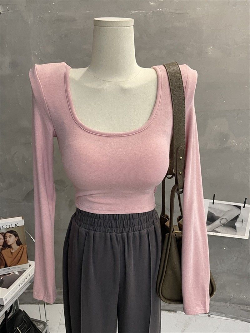 With chest pads~Private shoulder pads, square collar, long-sleeved T-shirt for women, slim-fitting, sexy low-neck, tight-fitting bottoming shirt, short top