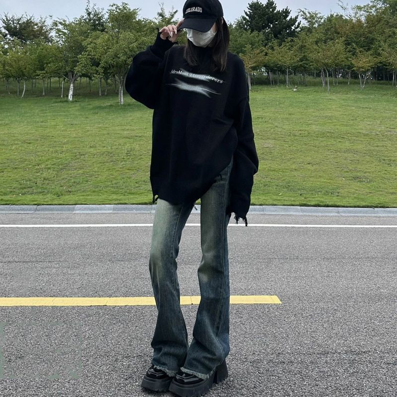 美式復古水洗高腰微喇叭牛仔褲女ins新款修身顯瘦彈力毛邊拖地褲