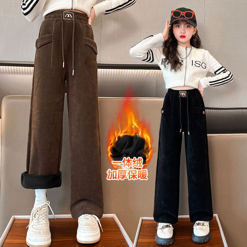 女童加絨褲子2023秋冬新款一體加厚冬季中大童兒童洋氣闊腿褲