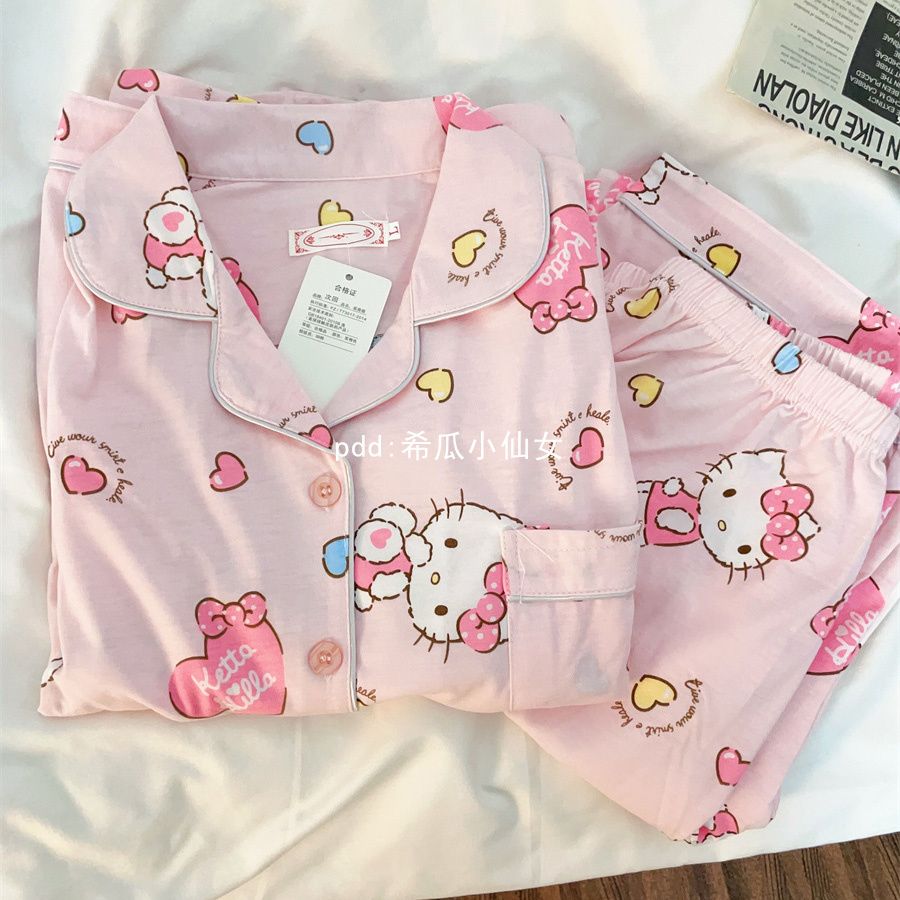 日系hellokitty貓咪睡衣女春秋季新款長袖卡通可愛學生家居服套裝