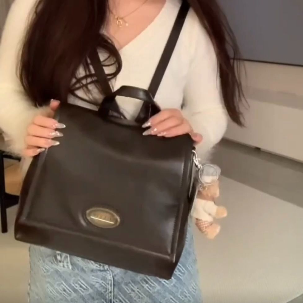 韓系包包女2023秋冬新款復古油蠟皮大學生上課雙肩包洋氣手提背包