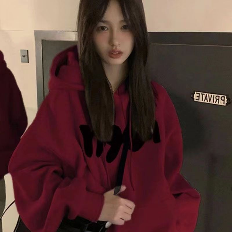 美式復古連帽酒紅色衛衣女款秋冬2023新款美式高級感外套上衣潮