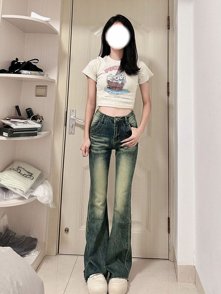 美式復古水洗高腰微喇叭牛仔褲女秋季新款修身顯瘦彈力毛邊拖地褲