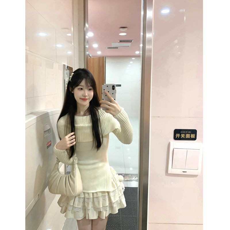 兩件套裝2023秋冬新款學院風設計感小眾一字肩針織毛衣女+半身裙
