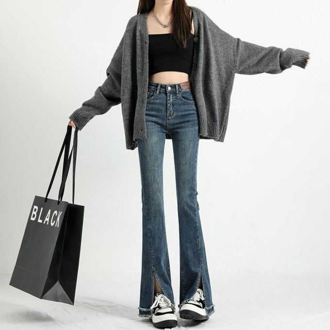 復古開叉微喇牛仔褲女2023春秋新款高腰修身顯瘦毛邊喇叭褲子女