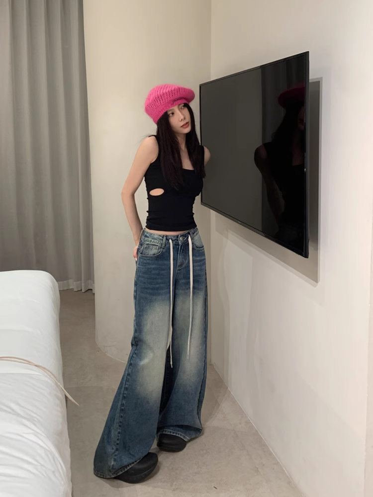 闊腿牛仔褲女秋冬小個子寬鬆顯瘦水洗復古抽繩設計感休閒直筒褲春