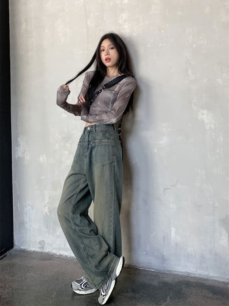 JSWETR秋冬新款復古大碼闊腿牛仔褲女胖mm直筒寬鬆高腰顯瘦拖地褲