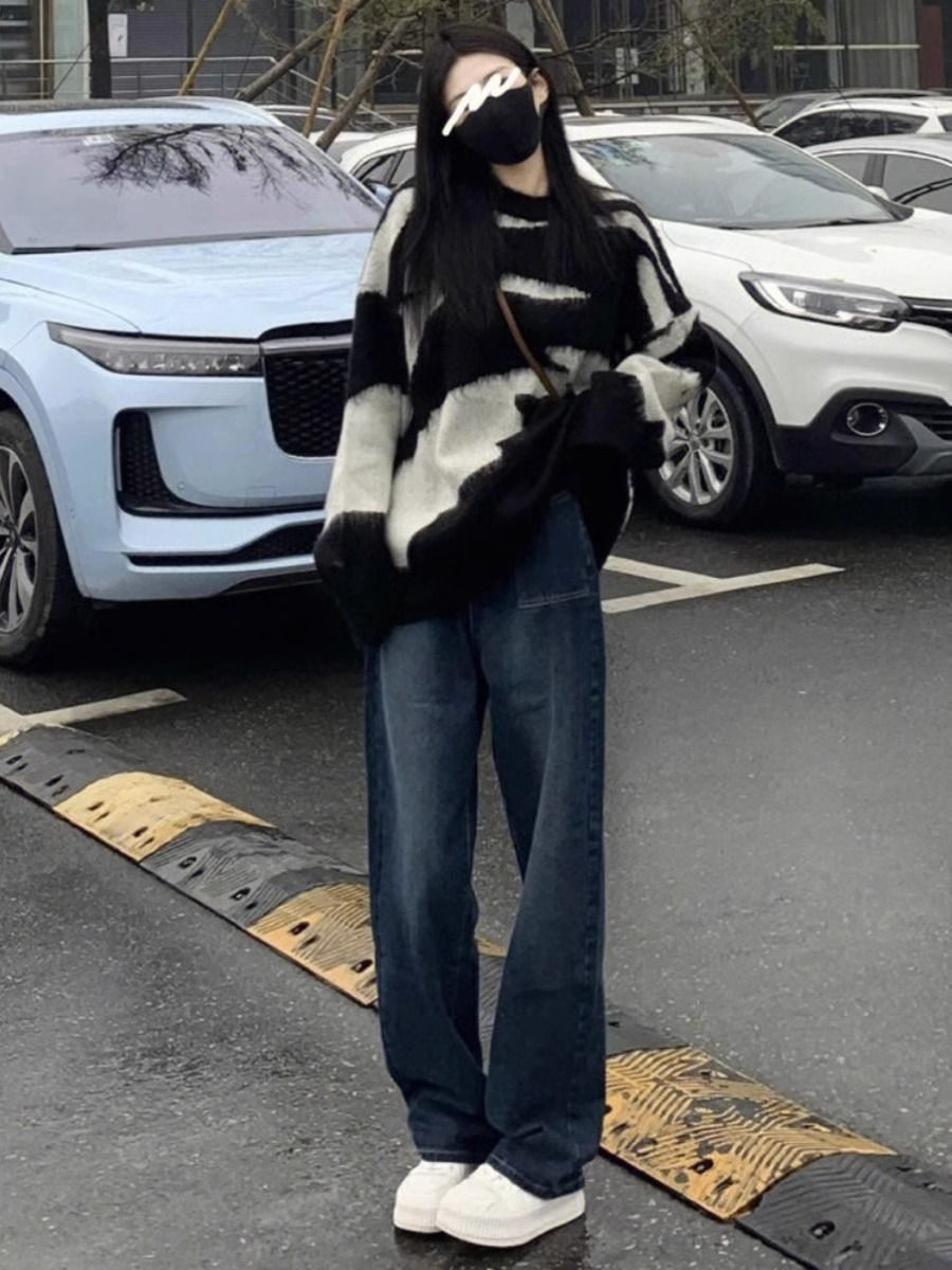 美式復古高腰加絨闊腿牛仔褲女秋冬新款寬鬆顯瘦直筒拖地褲百搭款