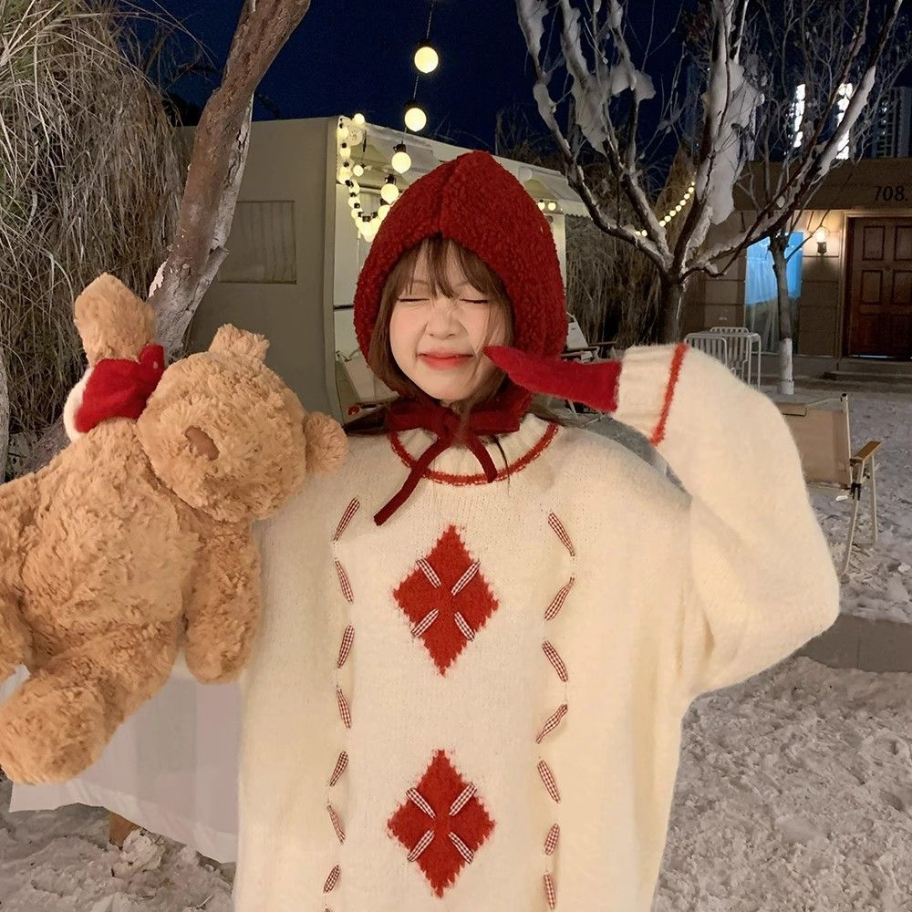 復古時尚百搭菱格毛衣女2023秋冬季新款日系慵懶風針織長袖上衣女