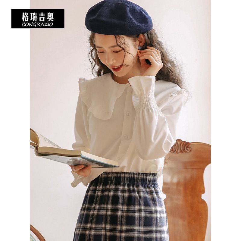 CONGRAZIO/格瑞吉奧減齡法式長袖娃娃領襯衫甜美百搭秋白色上衣女