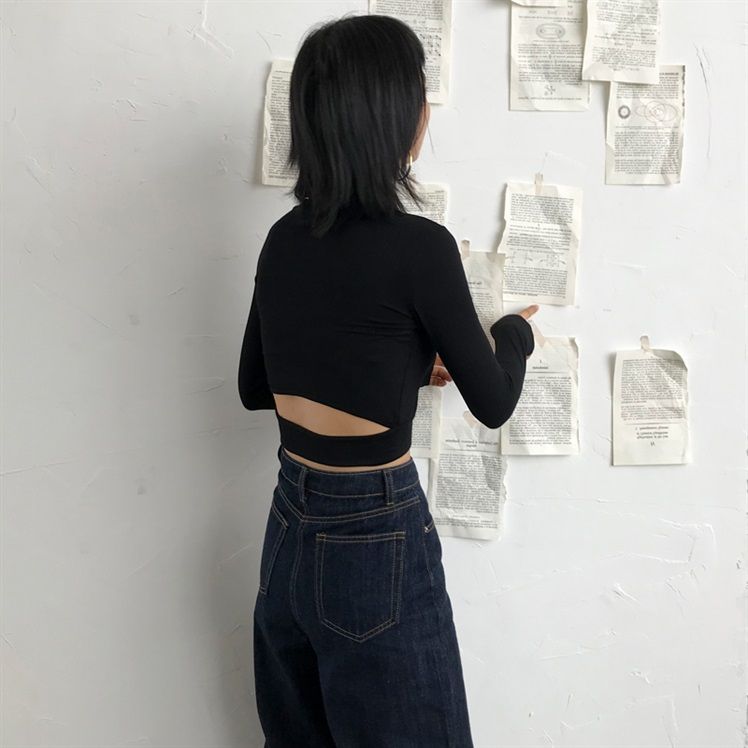 短款露腰長袖t恤女2023春秋甜酷黑色體恤港風打底衫上衣夏薄款ins