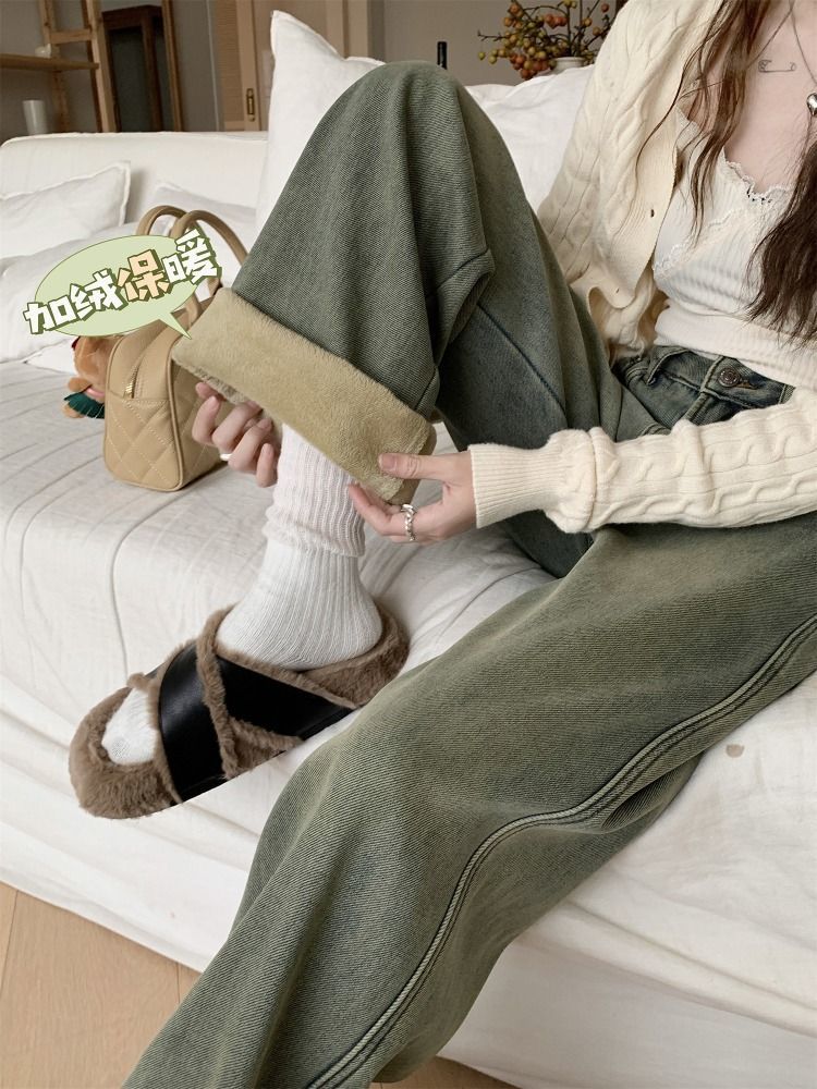 加絨加厚秋冬季保暖美式闊腿牛仔褲女裝休閒直筒褲子寬鬆拖地長褲