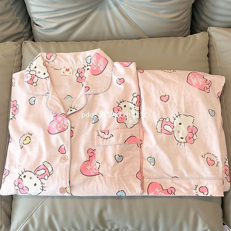粉色hellokitty貓睡衣女春秋季新款長袖卡通可愛學生家居服套裝冬
