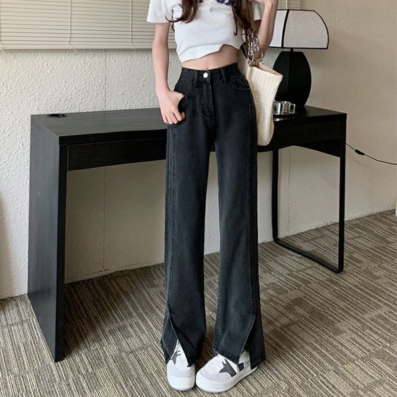 加絨牛仔褲女秋冬2023新款開叉褲子顯瘦高腰闊腿褲寬鬆直筒長褲潮