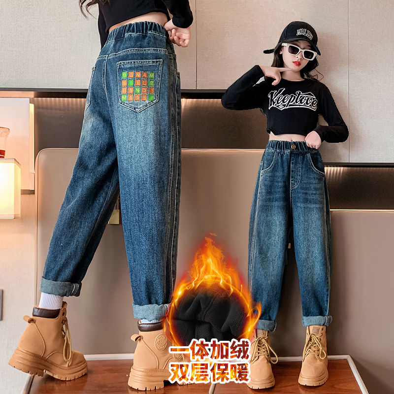 女童加絨褲子秋冬款外穿洋氣一體絨大童冬季休閒老爹褲兒童牛仔褲