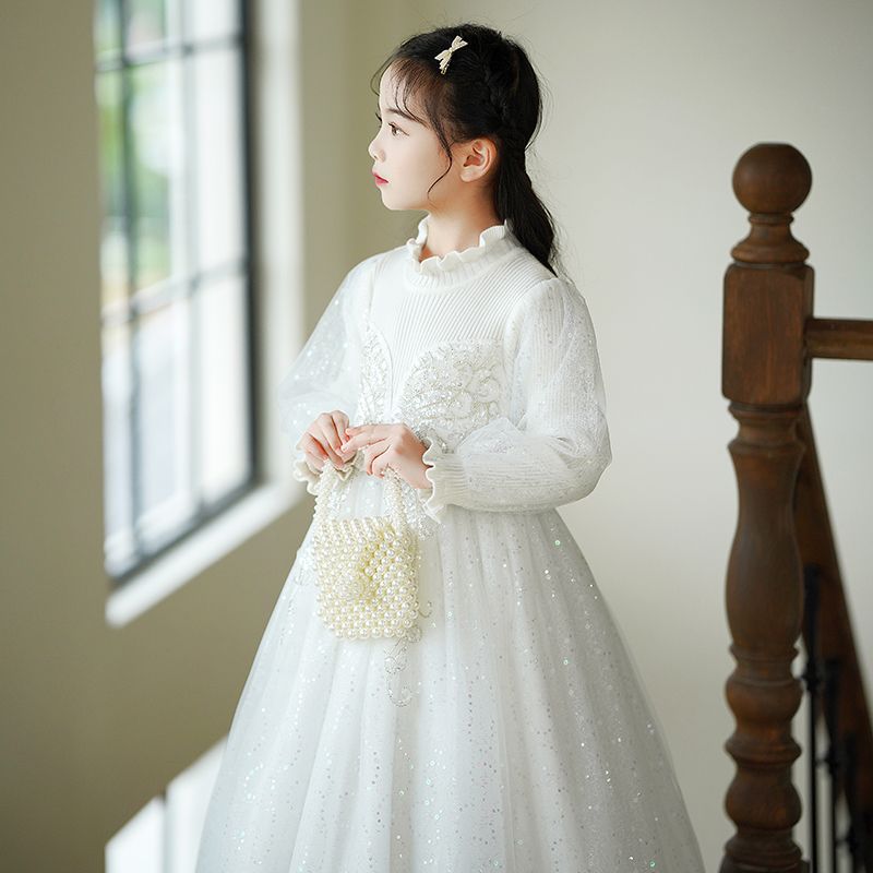 高端禮服公主裙女童秋冬花童婚禮小女孩蓬蓬裙主持人走秀鋼琴演出
