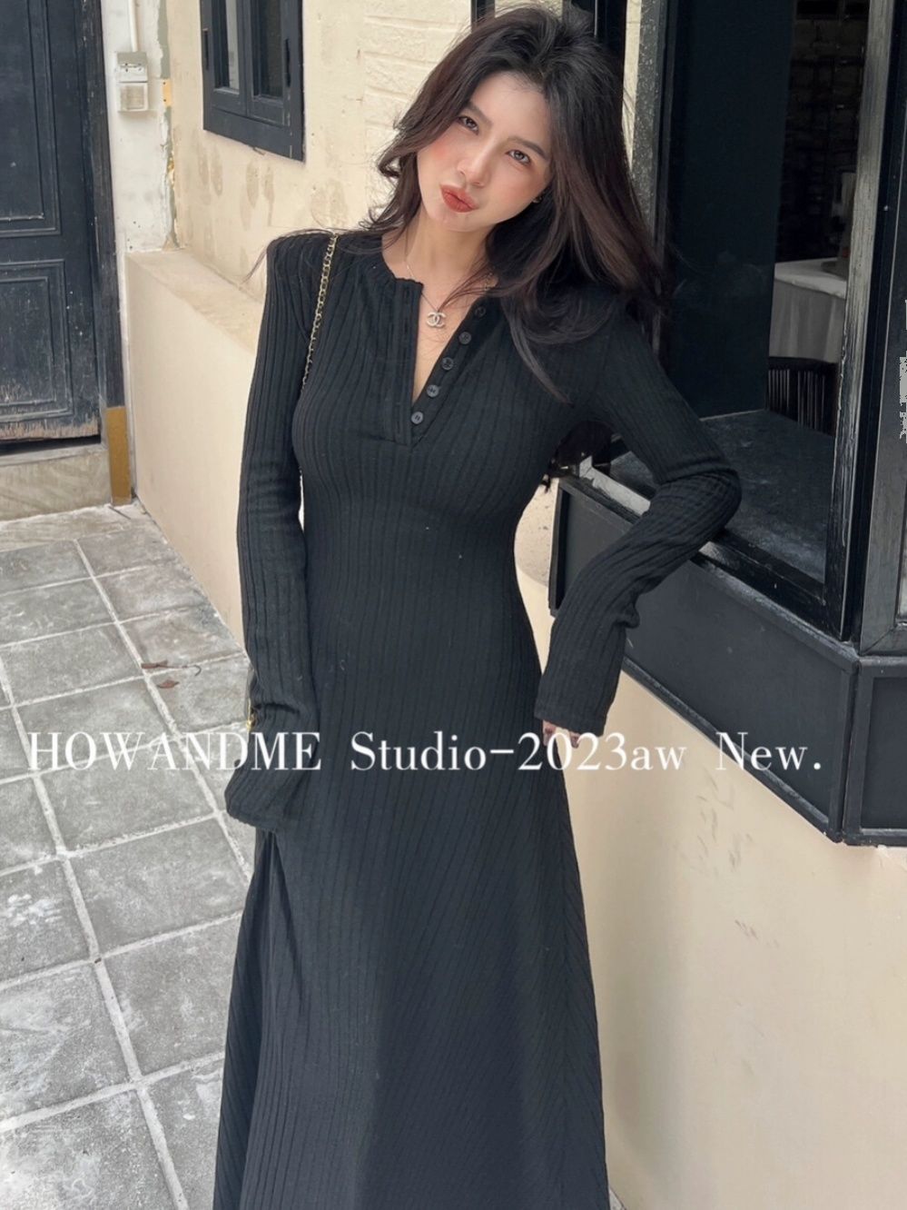 howandme autumn and winter  new French waist slimming mid-length bottoming skirt long-sleeved knitted dress for women