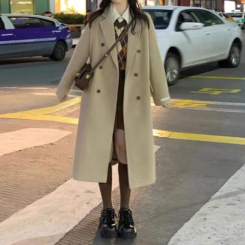 毛呢大衣女2023秋冬季赫本風直筒加厚小個子過膝中長款燕麥色外套