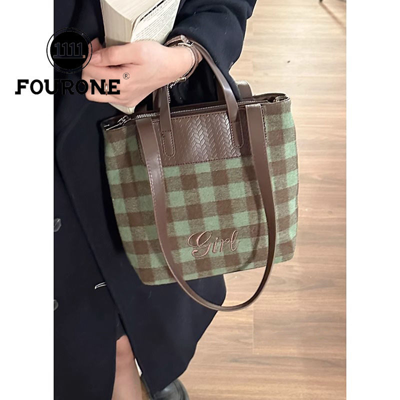 Korean niche handbag women's new fashion woolen plaid bucket bag high-end shoulder bag
