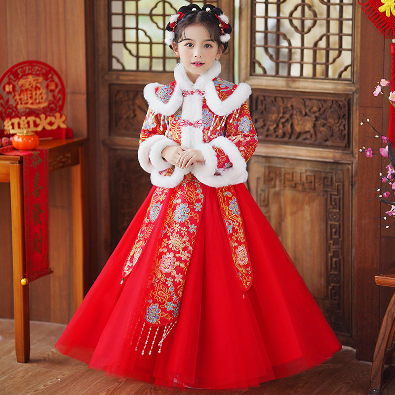 漢服女童拜年服秋冬款兒童中國風過年唐裝加絨加厚女孩喜慶新年冬