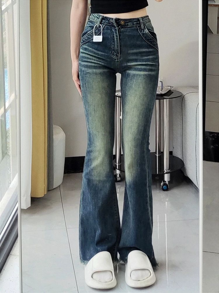 復古毛邊微喇牛仔褲女秋新款高腰修身顯瘦韓系馬蹄拖地喇叭褲長褲