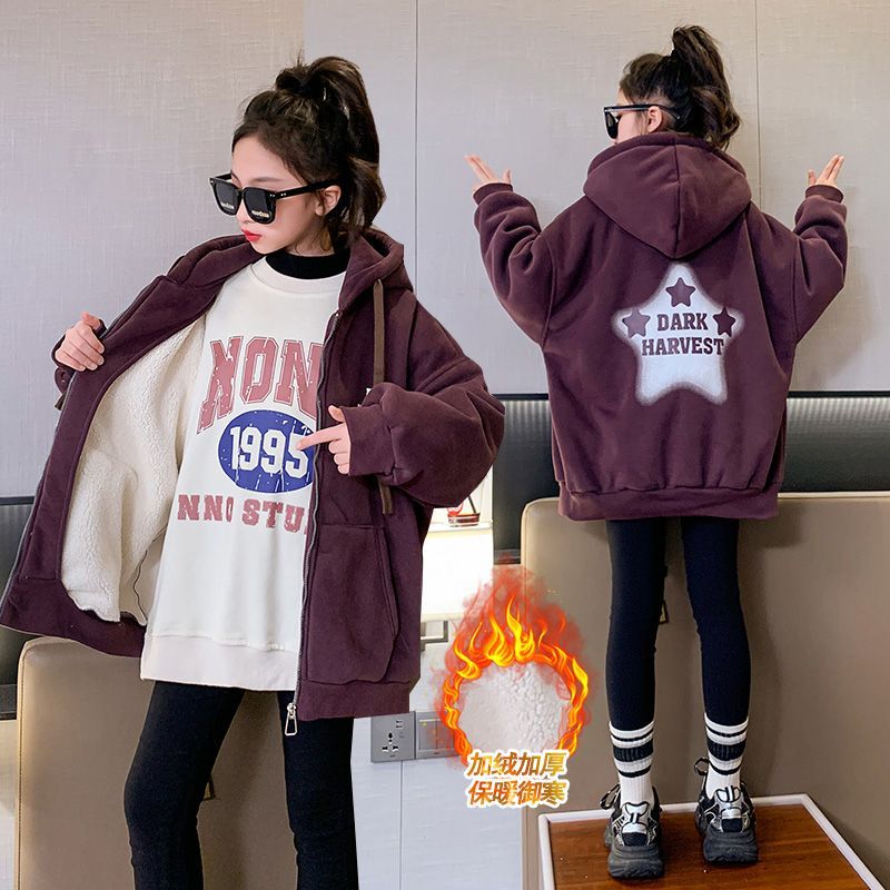 女童連帽外套羊駝絨2023秋冬裝中大童美拉德衛衣加絨加厚棉服爆款