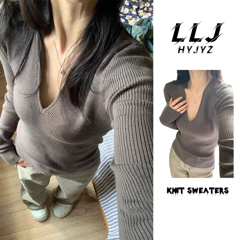 辣妹V領針織衫女春秋冬內搭打底衫修身顯瘦收腰緊身正肩長袖上衣