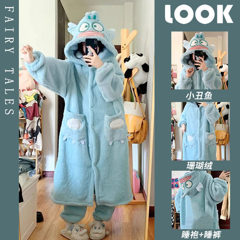 丑魚珊瑚絨睡衣女秋冬加絨加厚保暖連帽中長款睡袍網紅居家服套裝