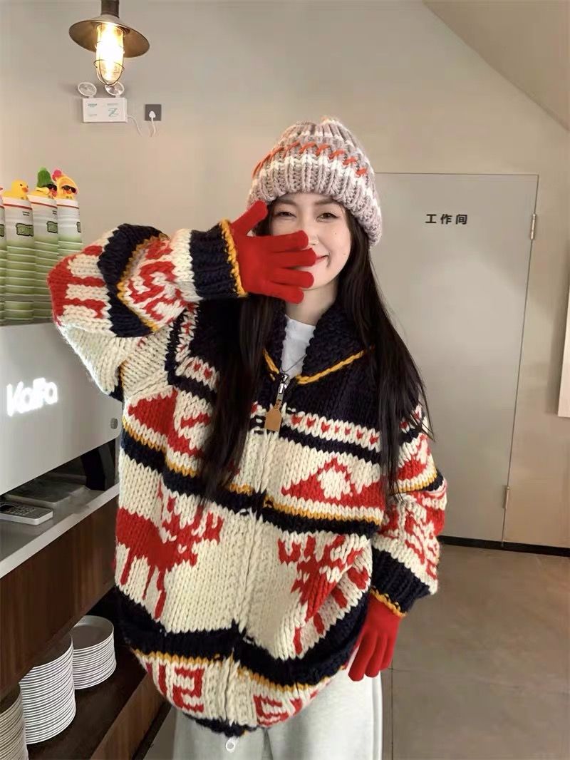 氛圍感重工聖誕紅色費爾島拉鏈毛衣外套女秋冬加厚慵懶風針織開衫