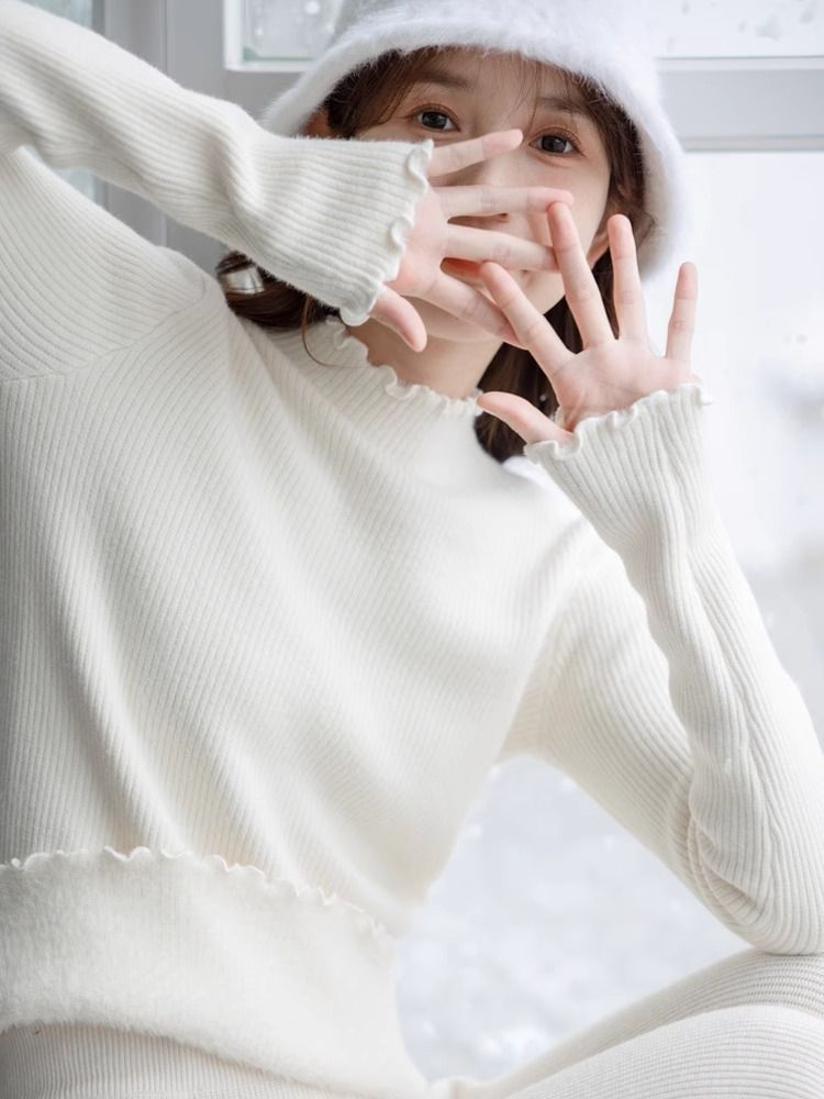 木耳邊加厚加絨打底衫女秋冬2023新款內搭毛衣半高領時髦針織上衣